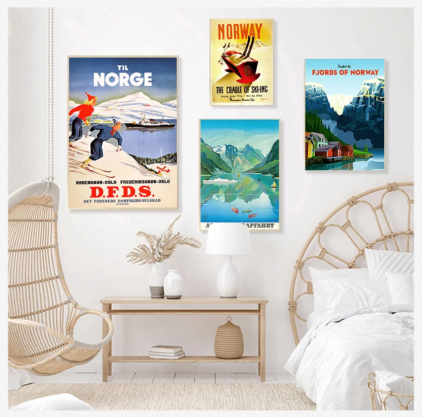 Klasické plátno maľby Kraft Plagáty nástenné nálepky domáci dekor rodinný darček lyžiar v Nórsku Nory Norge fjords mapa Vintage Retro Travel