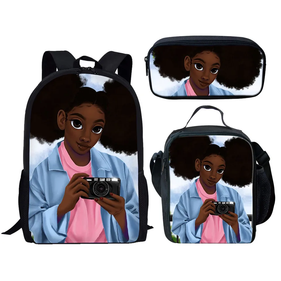 Klasické populárne nové pekné africké dievčatá 3D tlač 3ks/set Student School Bags NAPOHLÁDA Daypack batoh obedu vrecká Puzdro