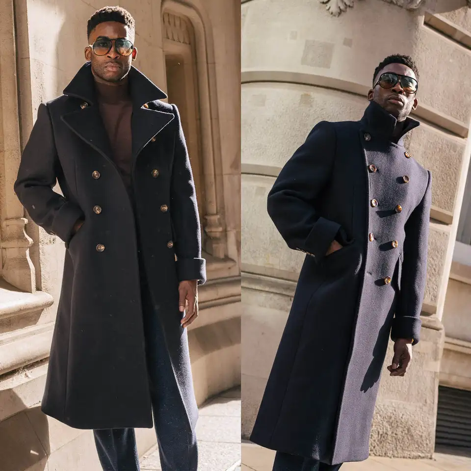 Klasický fit muži dlhý kabát s dvojitou dojčenou vlnou zmesi Business Blazers zárez zavrhnutý klopný klop zimný teplý kabát na mieru prispôsobený