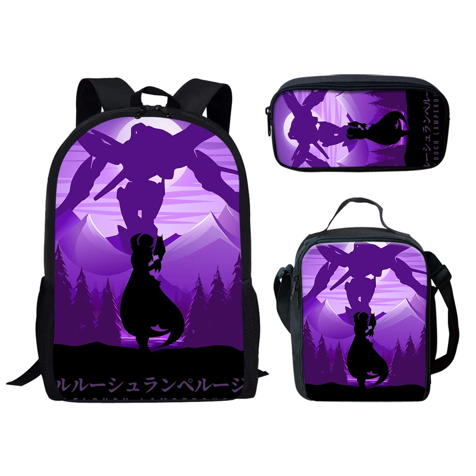 Klasický kreatívny vtipný kód Geass Lelouch 3D tlač 3ks/set Set School School Bags Laptop Daypack batoh obedový tašku Puzdro pre ceruzku