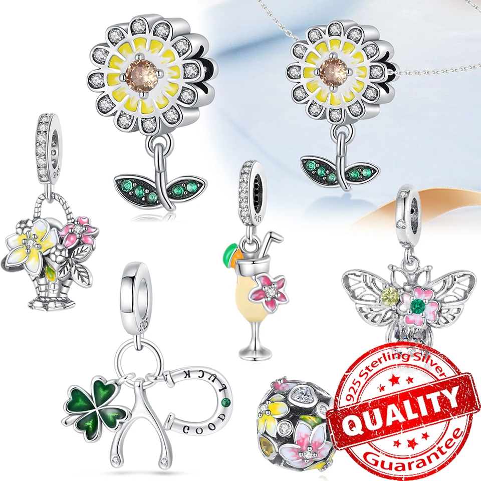 Klasický kvetinový prívesok 925 Sterling Silver Silver Yellow Dangle Dangle Pmel Fit Original 3 mm moment náramok náhrdelníkových korálikov