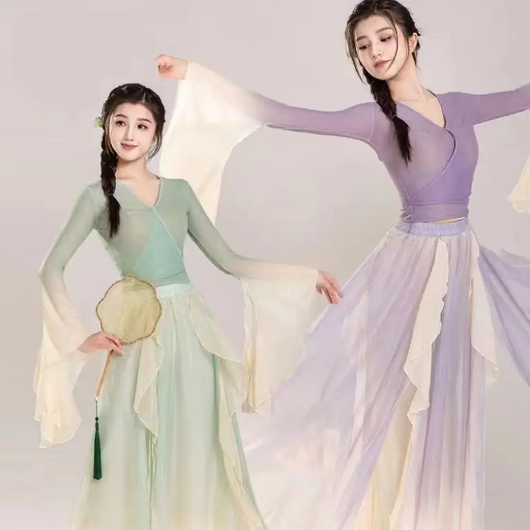 Klasický tanečný kostým rozprávková fialová oblek Denné cvičenie Denné šaty voľné plynulé gázové čínske tanečné predstavenie Stage Dancewear