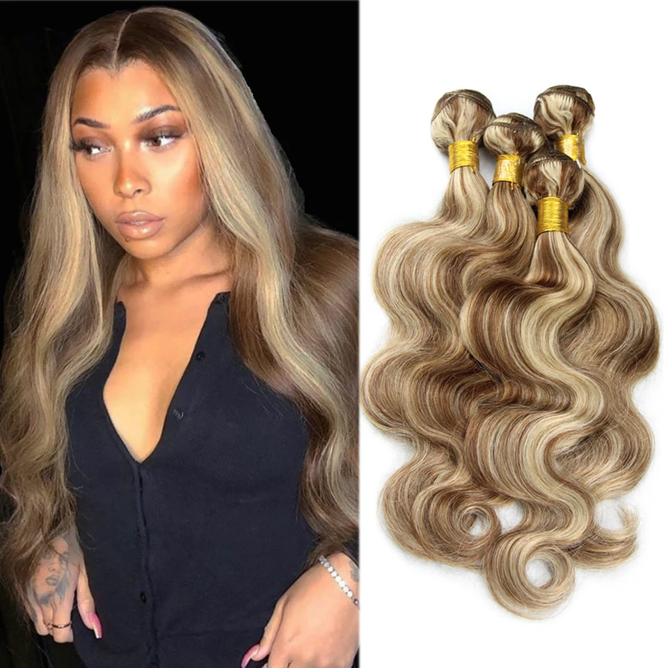 Klavírna farba P4/613 Zvýrazní zväzky a 4x4 uzáver Remy Body Wave Ash Blonde sfarbené ľudské vlasové väzby so zvýrazneniami 3