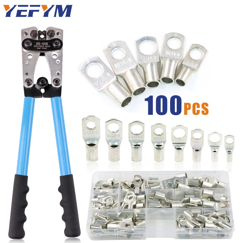 Kliešte na kliešte na kliešte HX-50B 6-50 mm²/awg 10-0 s 100ks terminálom Crimper Hex Hex Multitool Battery Tools Yefym