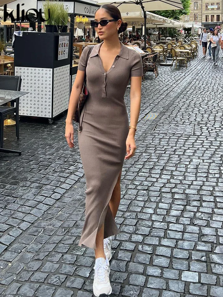 Kliou elegantná kancelárska dáma maxi šaty Ženy Spevný módny obojok s krátkym rukávom Side Slit Slit Body Body Street Robe