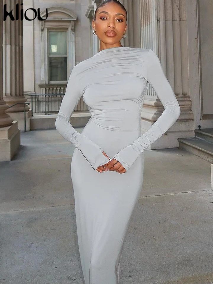 kliou hodvábne ženy maxi šaty Solid elegantné sexy sexy plné rukávy backless-thaping dlhé rúcho majer jednoduché high Street Party Frock