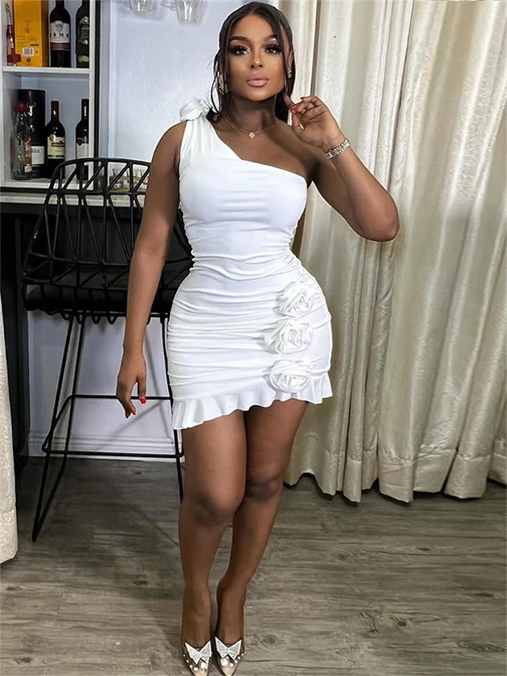 kliou sexy sklon ramená žien Mini šaty Spevné jedinečné aplikácie Ruffle Pleated Skinny Vestidos Mujer Classic Party New Frock