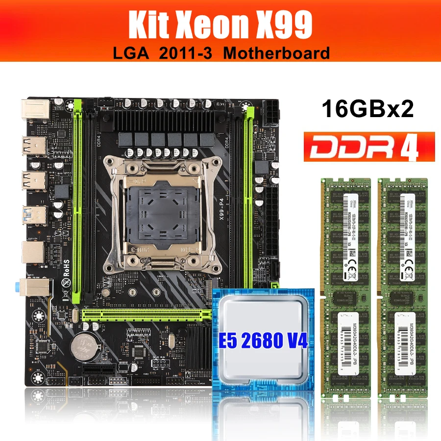 Kllisre x99 Combo Combo Kit set LGA 2011-3 Xeon E5 2680 V4 CPU DDR4 32 GB (2ks 16 GB) 2133 MHz ECC Pamäť