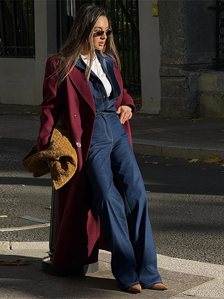 Klopa Burgundsko Ženy Windbreak Full Ruckve Loose Loation Maxi Coat 2024 Kancelária Vintage Jeseň Zimná zima single Breast Lady bunda