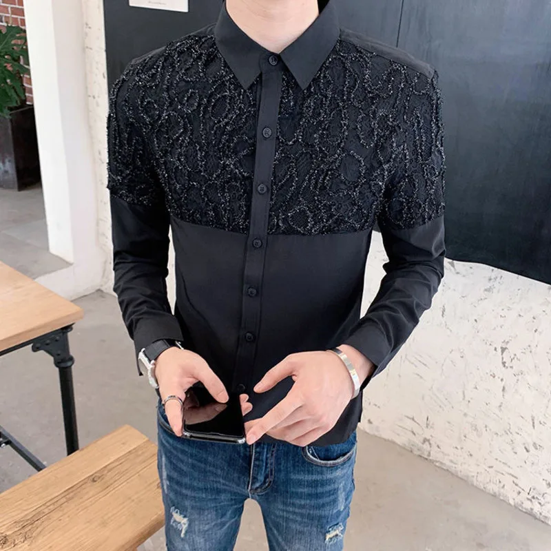 Klub Camisas Masculinas Korean Men oblečenie čierna biela retro čipka muži 2020 Jeseň s dlhým rukávom Slim Fit Social Dress košeľa