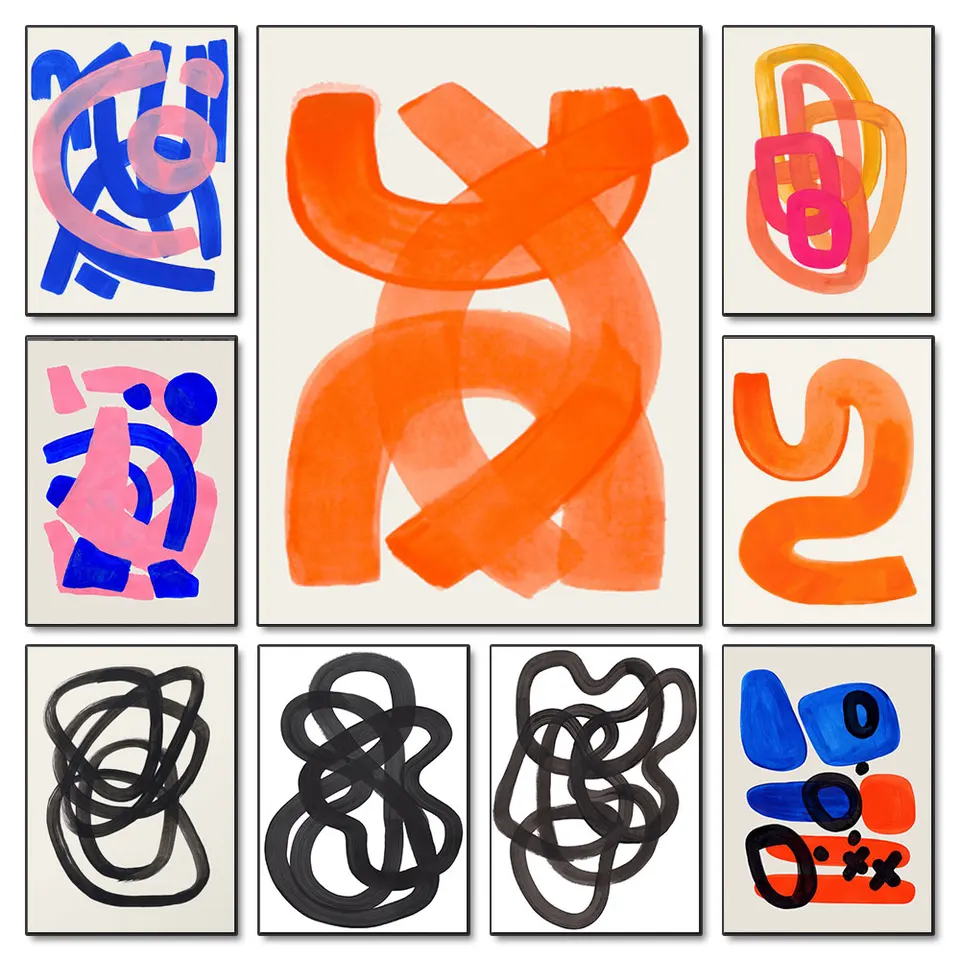 Kmeňové ružové abstrakt v polovici storočia Watercolor Strokes Plagát oranžové plátno Tlač maľba nástenná umenie Obrázok