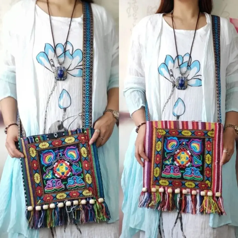Kmeňový etnický štýl krížový taška Indian boho boho tasel canvas Messenger tašky kvetinové výšivky dám dám