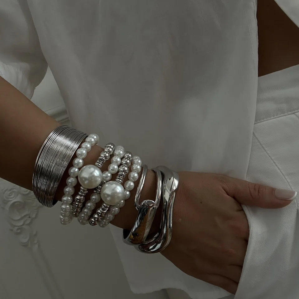 Kmvexo vintage perla široké manžety Bangles Men hip hop punk strieborná farba geometrické jarné náramky pre ženy náramky šperky