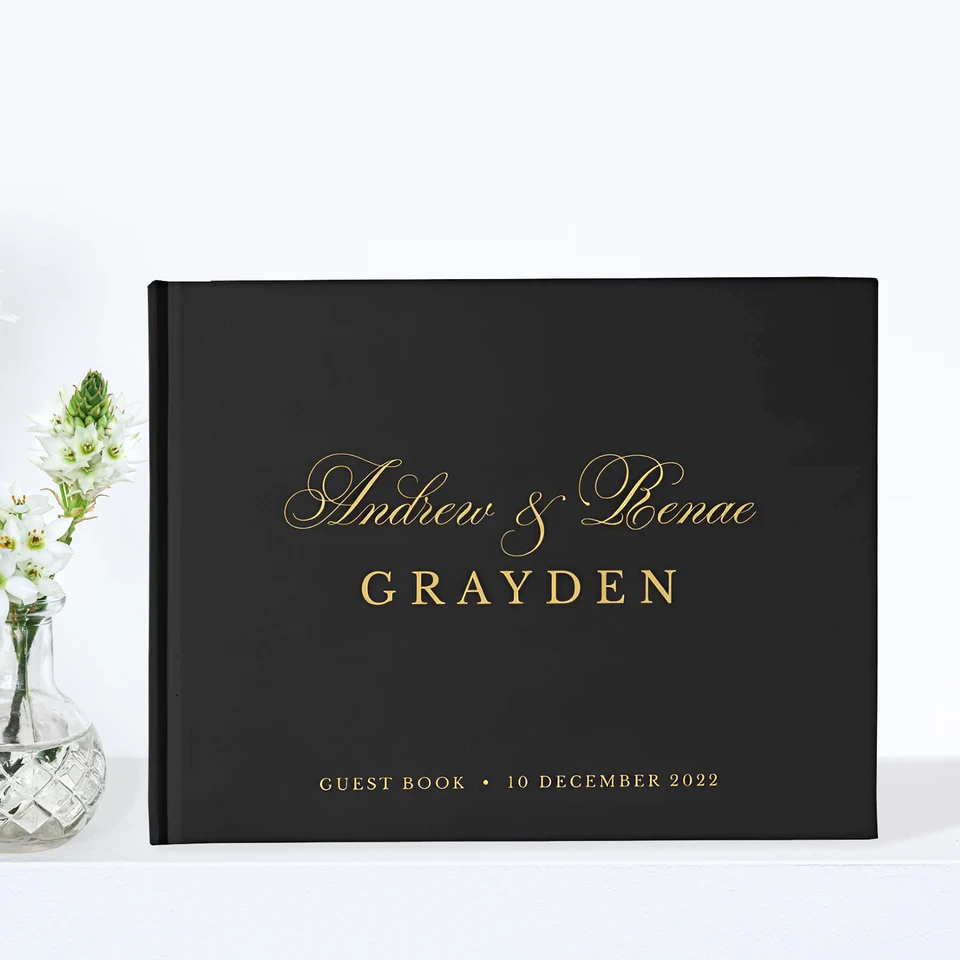 Kniha hostí čiernej svadby, Personalizovaná svadobná kniha, Gold Silver Rose Gold Text Boybook, Matte Black Hosť