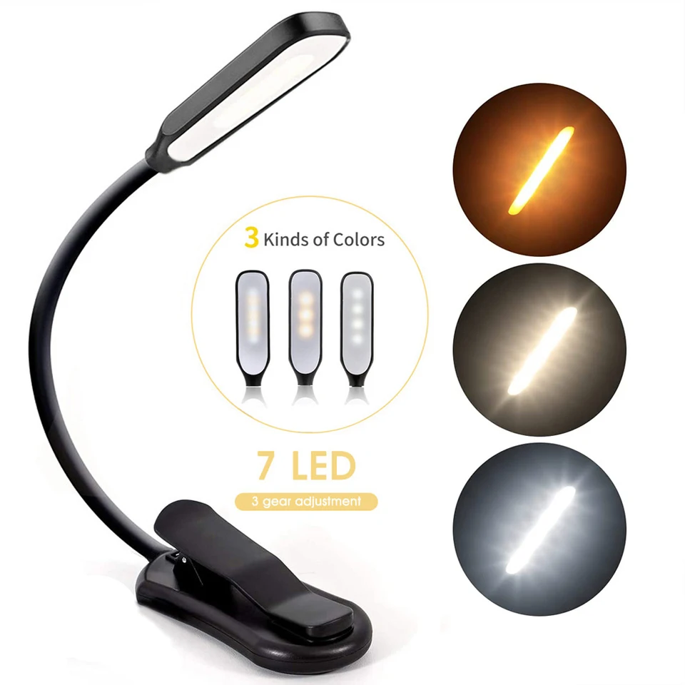 Kniha Light Mini 7 LED čítanie Light Nabíjateľná 3-úroveň 3-úrovne Warm Cool White Flexibilná ľahká klipová lampa čítať Nočné čítanie Lampa v posteli