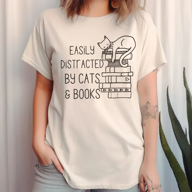 Knihy mačiek Dámske roztomilé karikatúry Tričko Tričko Casy Loose Book Lover T tričko matka mama košeľa literatúra tričko rezervované grafické odpalisko Top