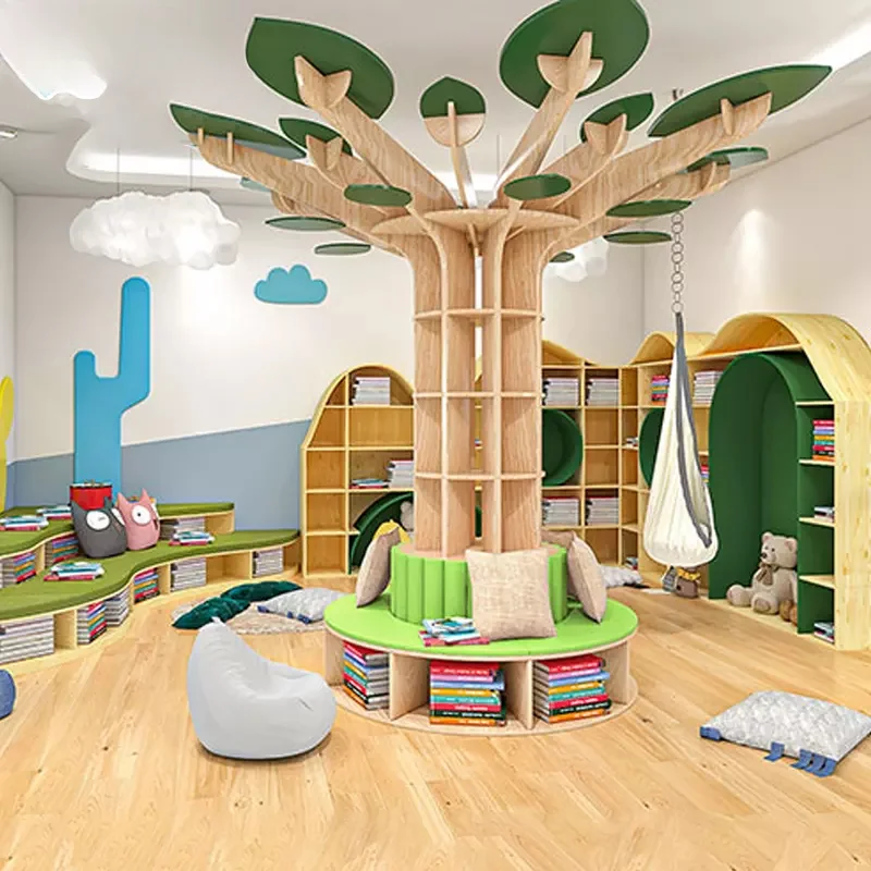 Knižnica denné starostlivosť Furniture Kids Montessori Tree Bookshelf Table a stoličky Set Denná starostlivosť o dennú starostlivosť Najlepšie služby