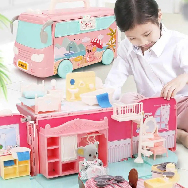Koala Tour Bus Dollhouse DIY Miniatúra predstieranie hrania hračky hračky kuchynský nábytok Doll Villa Villa vzdelávacie hračky darček
