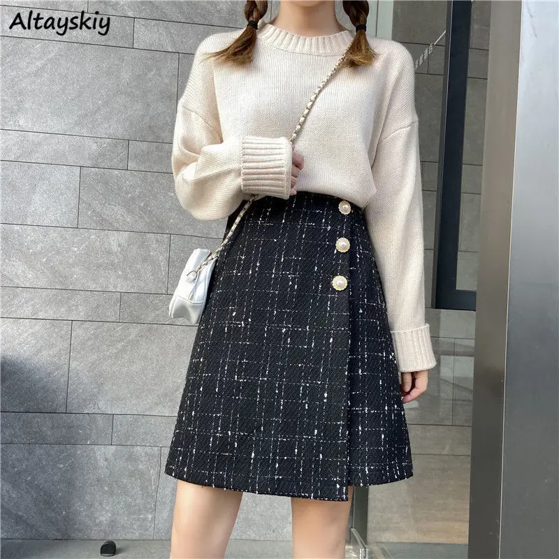 Kockované sukne Ženy elegantné gombíky High pás všetkých zápasov fashiom gentle ulzzang A-line dievčatá sladké streetwear cozy horúci predaj neformálne