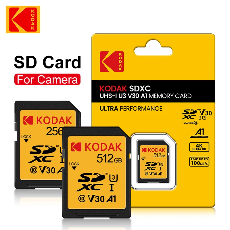 Kodak SD karta vysokorýchlostná U3 64 GB/128 GB/256 GB/512 GB SDXC V30 pre 4K HD SDHC Pamäťové karty v plnej veľkosti pre fotoaparát