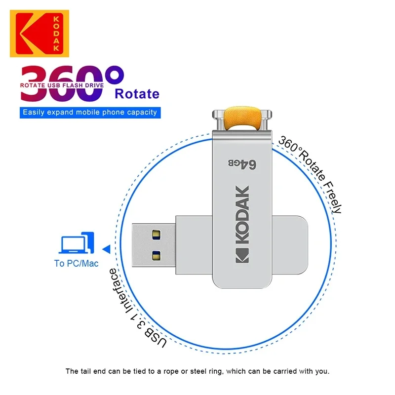 Kodak100% Original Rotuing Pendrive USB 3.0 Flash Drive K133 256 GB 128 GB 64 GB Memory Stick Lanyard pre kožený kľúč