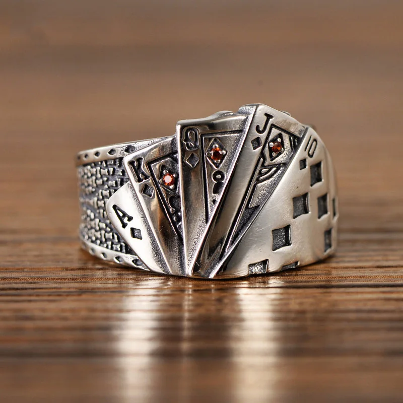 Kofsac trendy kreatívna karta Akqj prsteň pre mužov šperky vintage otvorená veľkosť 925 Sterling Silver Ring Boy Darče