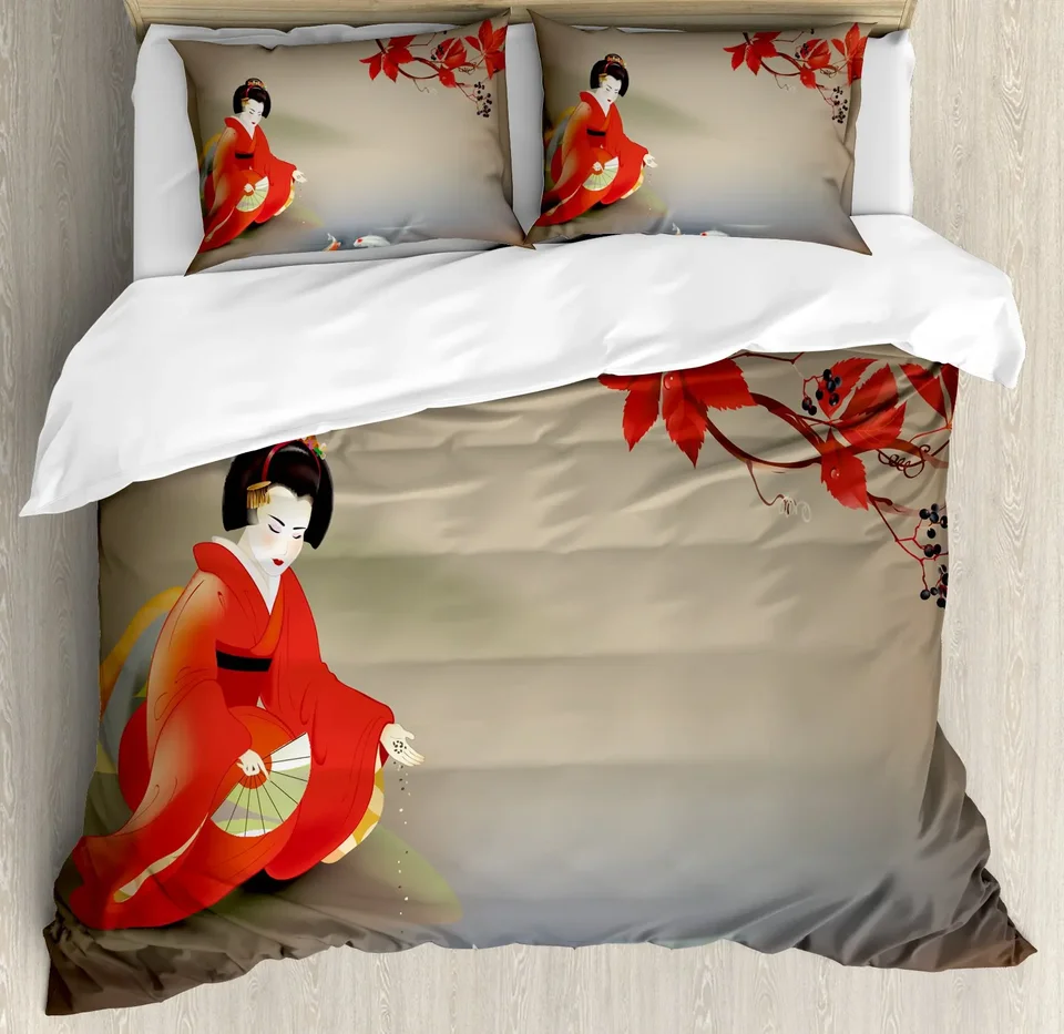 Koi rybia obliečka na obliečka na geisha kŕmenie šelmy jesenná časová kultúra kultúra Vibes spálňa dekoratívny japonský štýl pre ženy darčeky