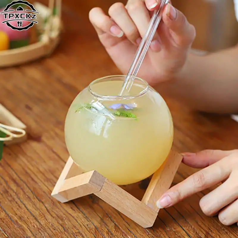 Koktail sklenený šálka s dreveným stojanom Kreačný bar sklenený nápoj nápoj Drink Cup Round Gall Cocktail hrnček smoothie ovocný mesačný šťava pohárik