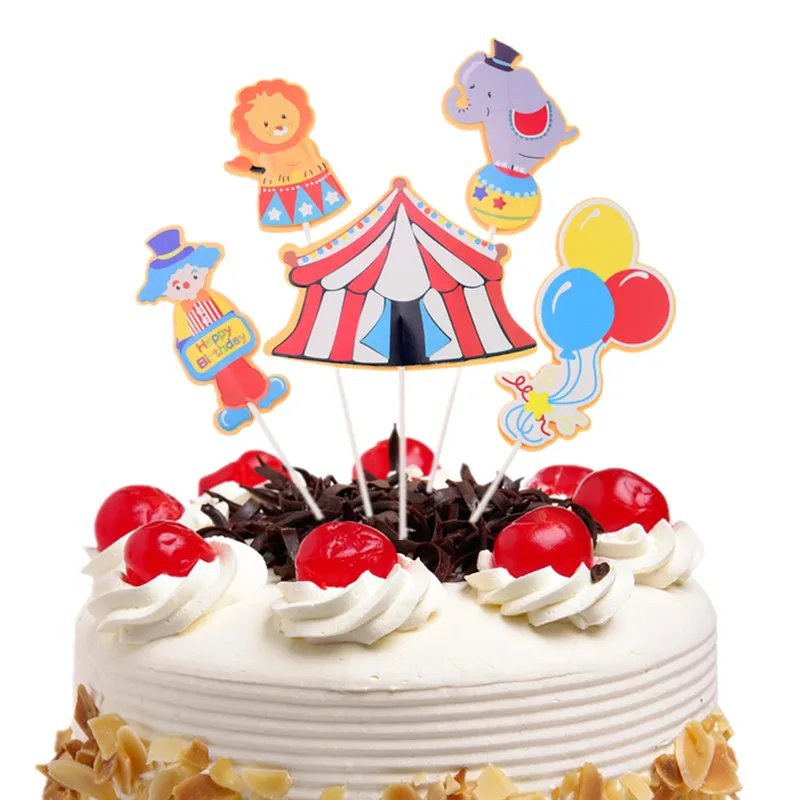 Koláče Toppers Clown Elephant Lion Circus DIY Cupcake Topper Cake Vlajky Detské chlapci Šťastné narodeniny Svadobná nevesta Party Decor Decor