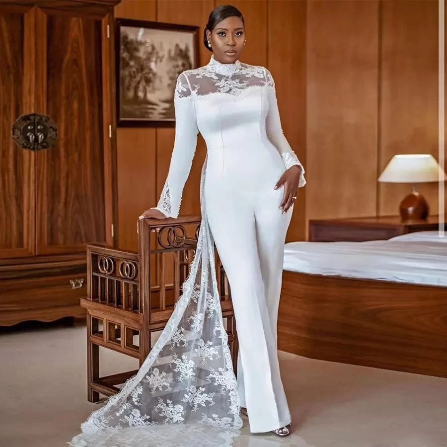 Kombinézy svadobné šaty puzdro dlhé rukávy šifónové čipky africké boho svadobné šaty svadobné šaty Vestido de noiva prispôsobené