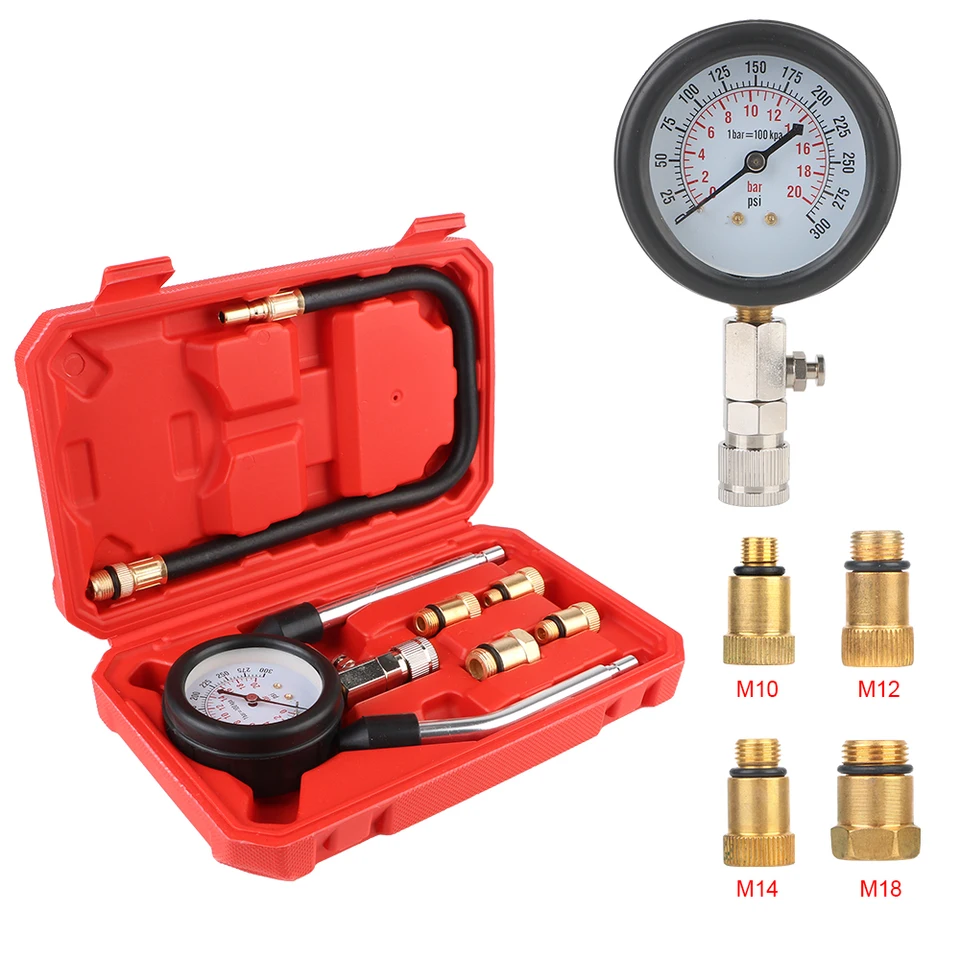 Kompresia benzínového motora 0-300 PSI TLUIGUN AUTOMOTIVE CALINDER TESTER Súprava s adaptérom M10 M12 M14 M18