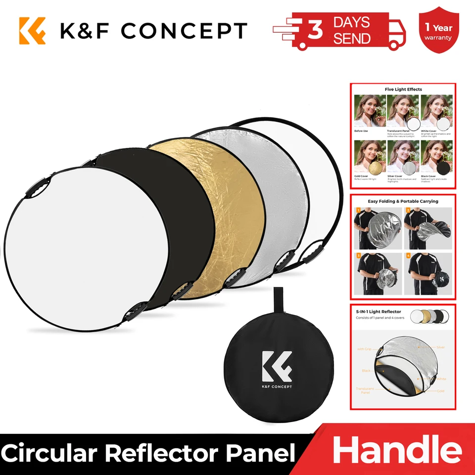 Koncept K&F 60-110 mm 5-v-1 kruhový reflektor s rukoväťou zlatá strieborná čierna biela priesvitná Mäkká svetlo Portrét Vonkajší