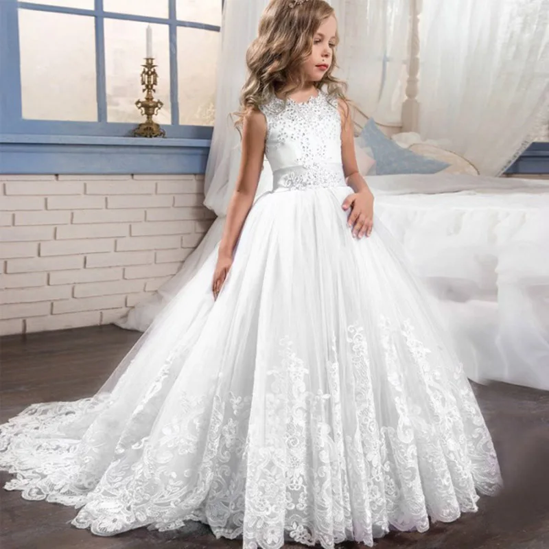 Koncové biele čipky detské svadobné šaty pre dievčatá First Communion Evening Družička šaty Detské dievčatá princezná Party šaty