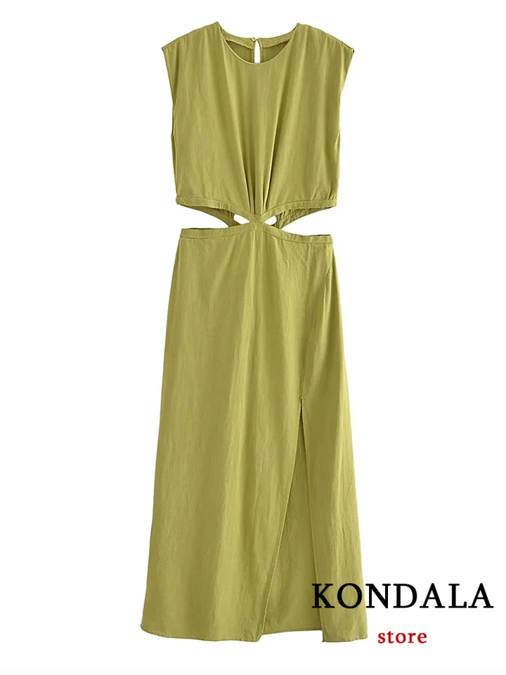 Kondala nová elegantná pevná zelená dutina z streetwear žien rozdelené dlhé šaty módne 2023 letné elegantné orne bez rukávov Vestido bez rukávov