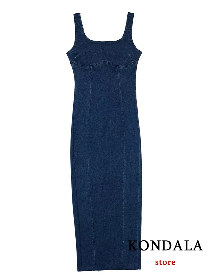 Kondala Vintage Casual Women Denim Dress Modré masívne camisole za rozdelením dlhé vesty nové móda 2023 Jesenné prázdninové šaty