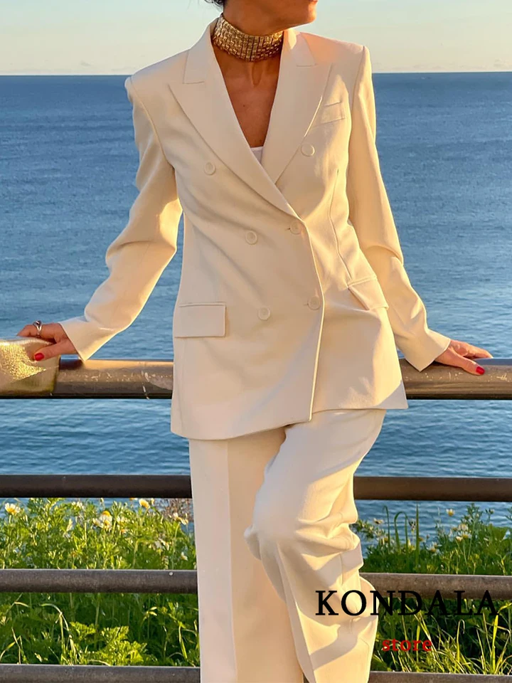 Kondala vintage móda 2023 jarné pevné ženy obleky kancelária Lady Chic Single Single Vesta Loose Blazer Wide Whree Zips Pants