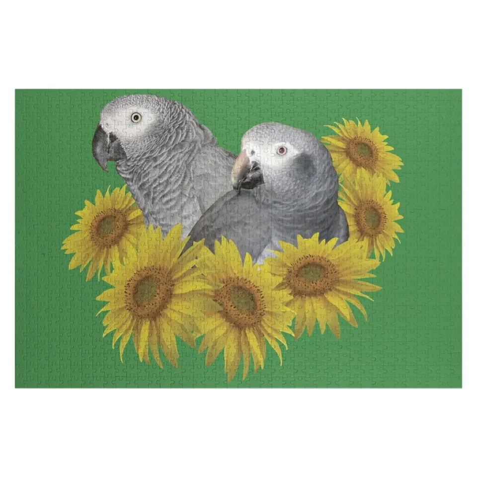 Kongo a Timneh African Grey Parrot s slnečnicami skladačky skladacie diela umeleckých diel