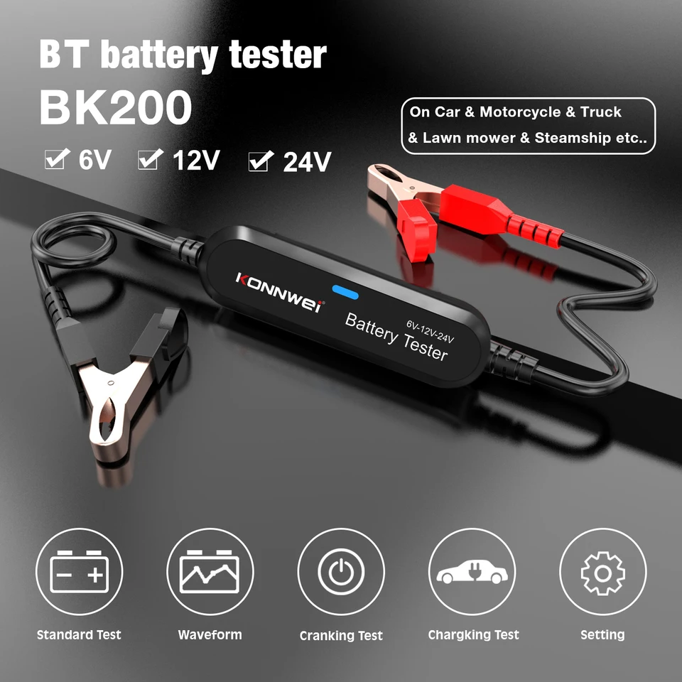 Konnwei BK200 6V 12V 24V Bluetooth 5.0 Analyzátor motocyklového vozidla Tester Analyzátor 2000CCA nabíjanie Cranking Test Test Tool