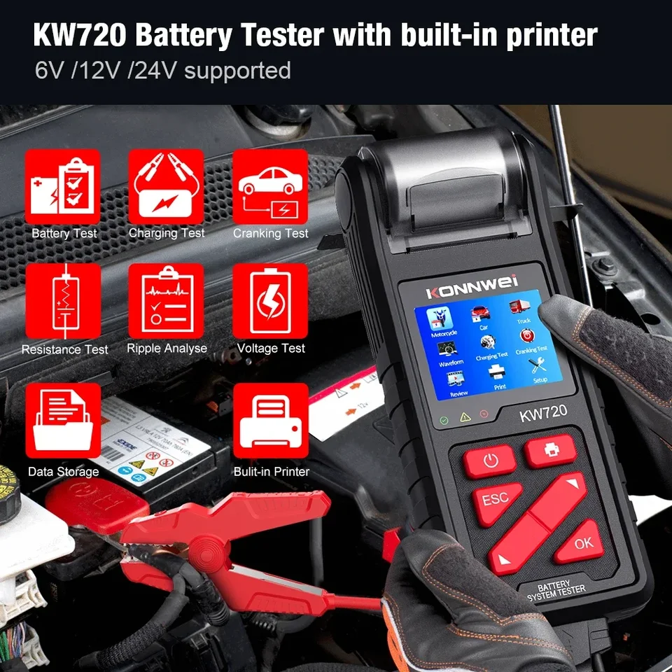 Konnwei KW720 6V/12V/24 V Truck Motorcycle Tester Tester Analyzátor batérie nabíjanie nabíjacích náradia kľukatý náradie so vstavanou tlačiarňou