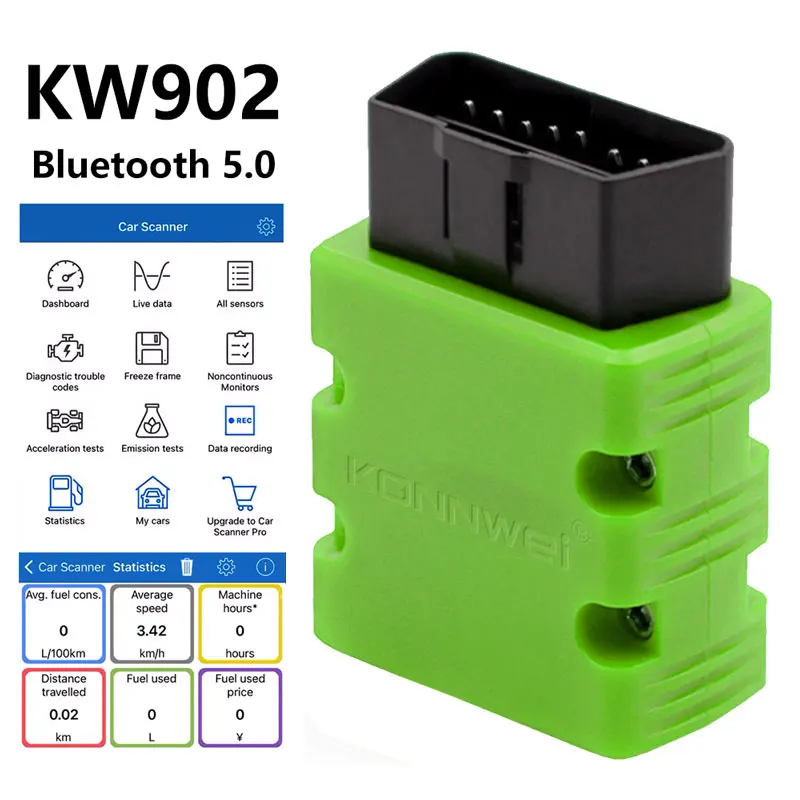 Konnwei KW902 ELM327 V1.5 OBD2 Skener Bluetooth 5.0 pre iOS Android OBDII Automatické údaje