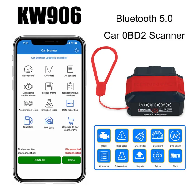 Konnwei KW906 ELM327 V1.5 Čítačky automatického kódu Bluetooth 5.0 OBD2 Skener pre Android IOS ELM 327 OBD 2 Diagnostické nástroje automobilu