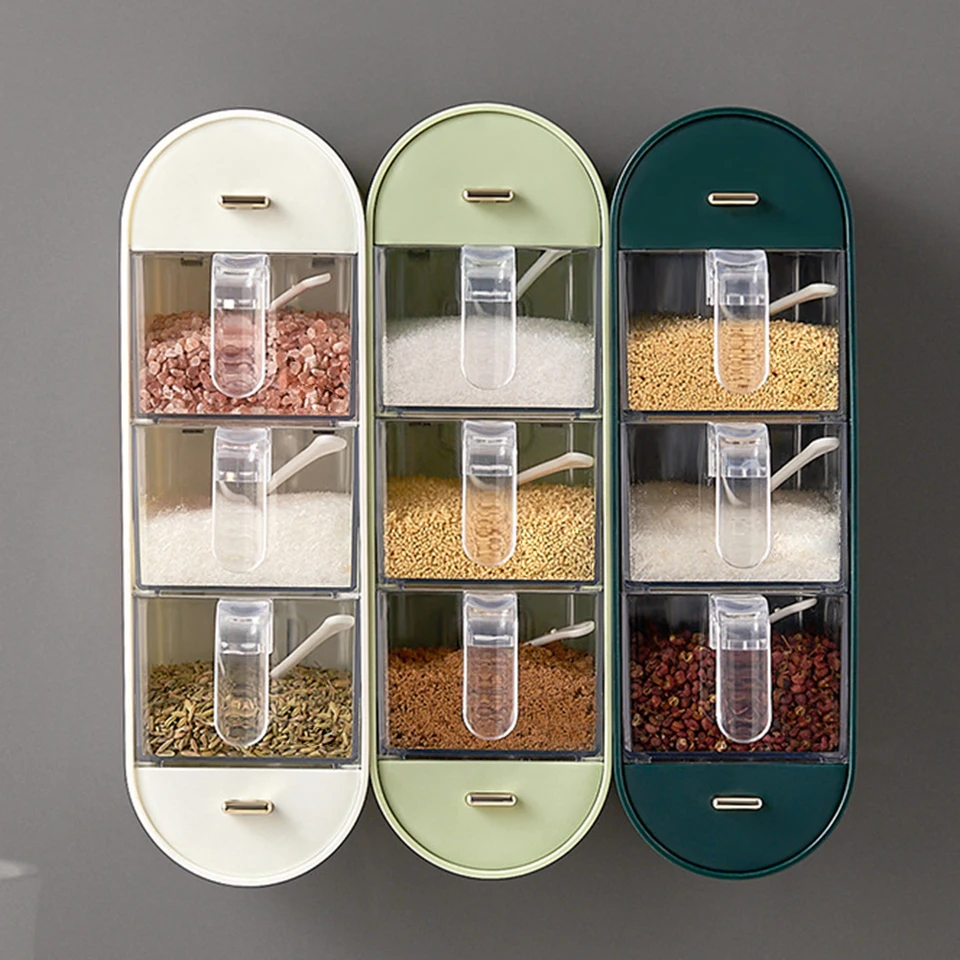Kontajnery kobrík namontovaných na lepiacom stene s 5 priehradkami a rukovätiami korenia Clear Seasoning Container Boxes for Kitchen