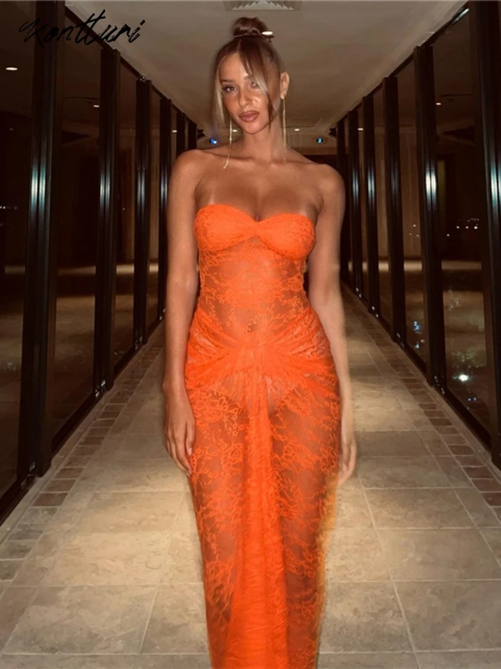 Kontturi leto sexy čipky Pozrite sa cez šaty 2025 Ženy bez rukávov bez rukávov dlhé šaty oranžové šaty Bodycon maxi šaty