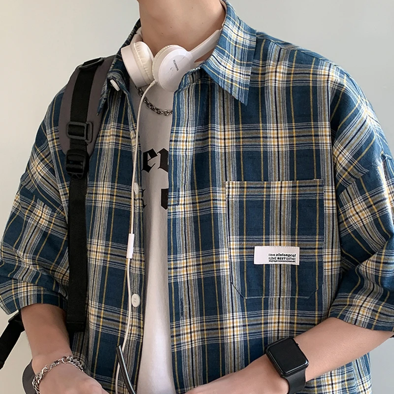 Korean Y2K Streetwear Plaid košele Men košele 2024 Nové letné módne chemise Homme pánske kockované košele s krátkym rukávom Blúzka