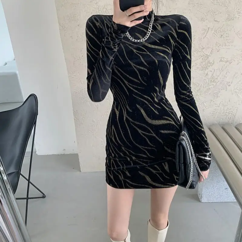Korejepo celebrita temperamentu potlačená zebra vzorové šaty retro hongkong príchuť ins hip hip šaty temperamentu Vestido