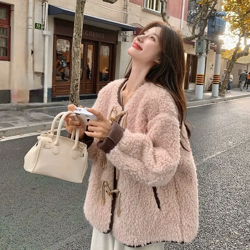 KoreJpaa Pink Lamb Curr Women Dámske zimné oblečenie Kórejský módny sladký okrúhly krk s dlhým rukávom Top Gentle Mardigan bunda