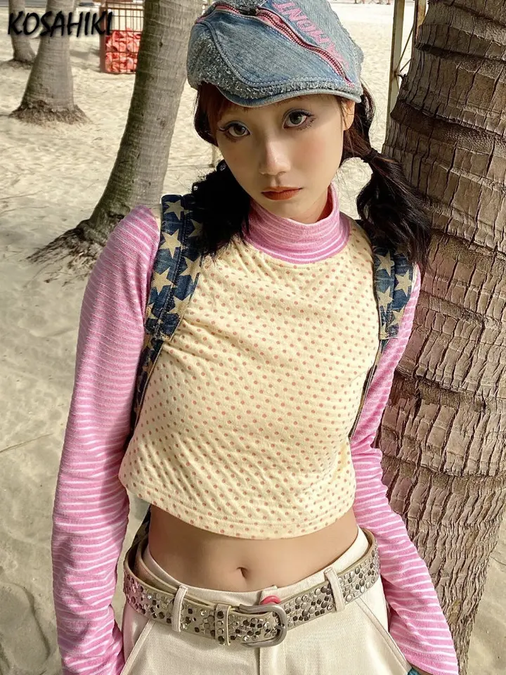 Kosahiki grunge polka dot tričko Kórejské módne tričko s dlhým rukávom Vintage japonské jarajuku štíhle topy kpop streetwear y2k