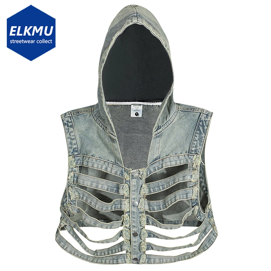 Kostra s kapucňou džínsová vesta Men Techwear Darkwear Blue Black Jeans Vests Streetwear Harajuku Hip Hop Vest Y2K Tops