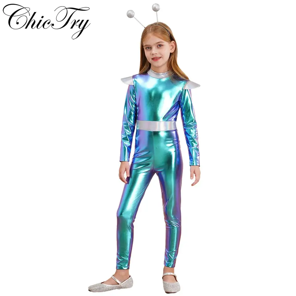 Kostým cosplay pre deti dievčatá Dievčatá s dlhým rukávom Metallic Bodysuit Roly hracie kombinézy Astronaut Party Halloween Performance