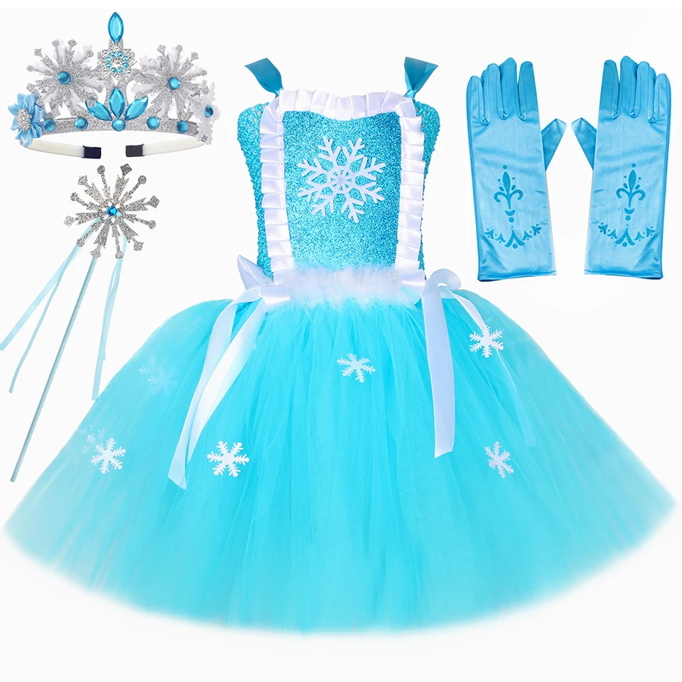 Kostým pre batoľatá princezná Elsa pre dievčatá Halloween narodeninové oslavy oblečenie modré snehové vločky deti ľadová kráľovná tyl tul tutu šaty